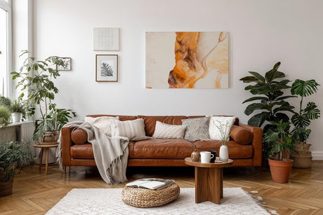 Sinus Art Wandbild 120x80cm Fließende Formen und warme Orangetöne auf hellem Grund mit künstlerischem Ausdruck