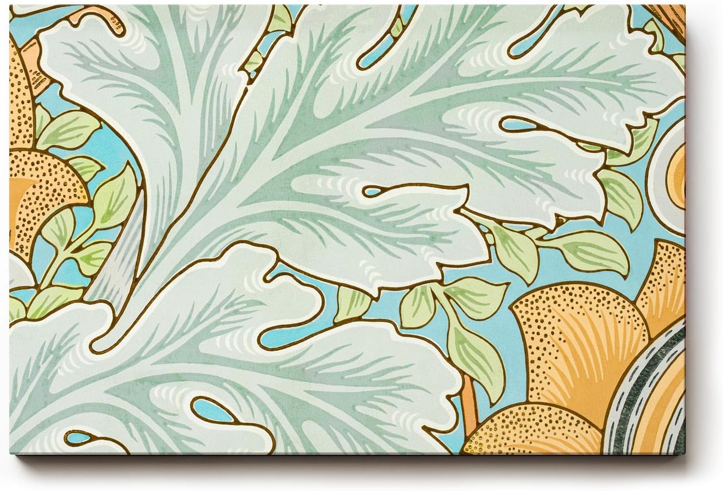 Sinus Art Wandbild 120x80cm Florale Jugendstilkomposition mit großen Blättern und gelben Blüten auf pastellblauem Grund