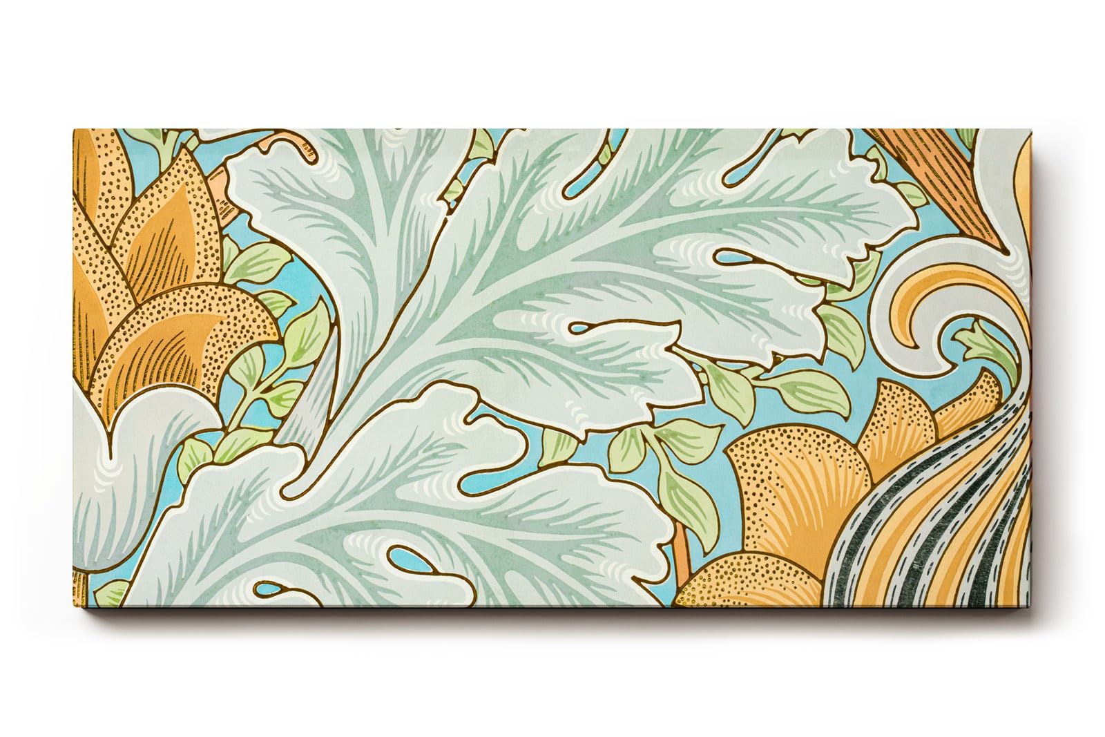 Sinus Art Wandbild 120x80cm Florale Jugendstilkomposition mit großen Blättern und gelben Blüten auf pastellblauem Grund