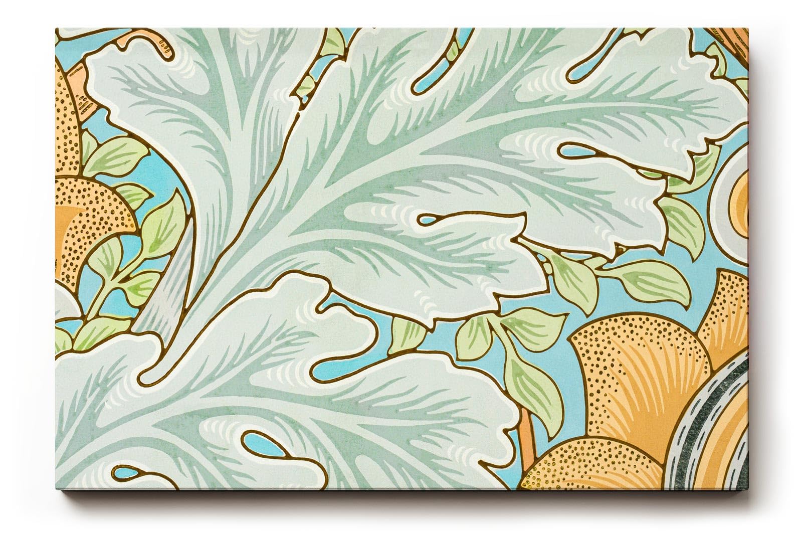 Sinus Art Wandbild 120x80cm Florale Jugendstilkomposition mit großen Blättern und gelben Blüten auf pastellblauem Grund