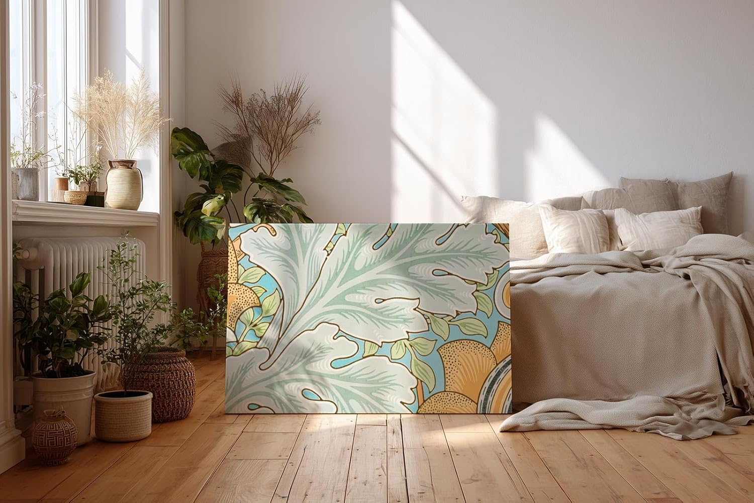 Sinus Art Wandbild 120x80cm Florale Jugendstilkomposition mit großen Blättern und gelben Blüten auf pastellblauem Grund