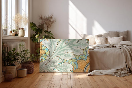 Sinus Art Wandbild 120x80cm Florale Jugendstilkomposition mit großen Blättern und gelben Blüten auf pastellblauem Grund