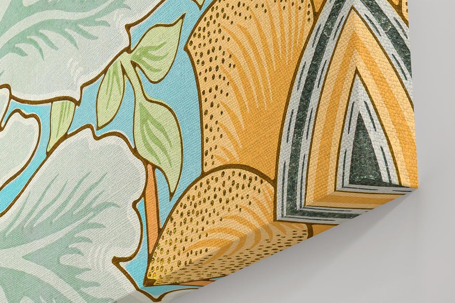 Sinus Art Wandbild 120x80cm Florale Jugendstilkomposition mit großen Blättern und gelben Blüten auf pastellblauem Grund