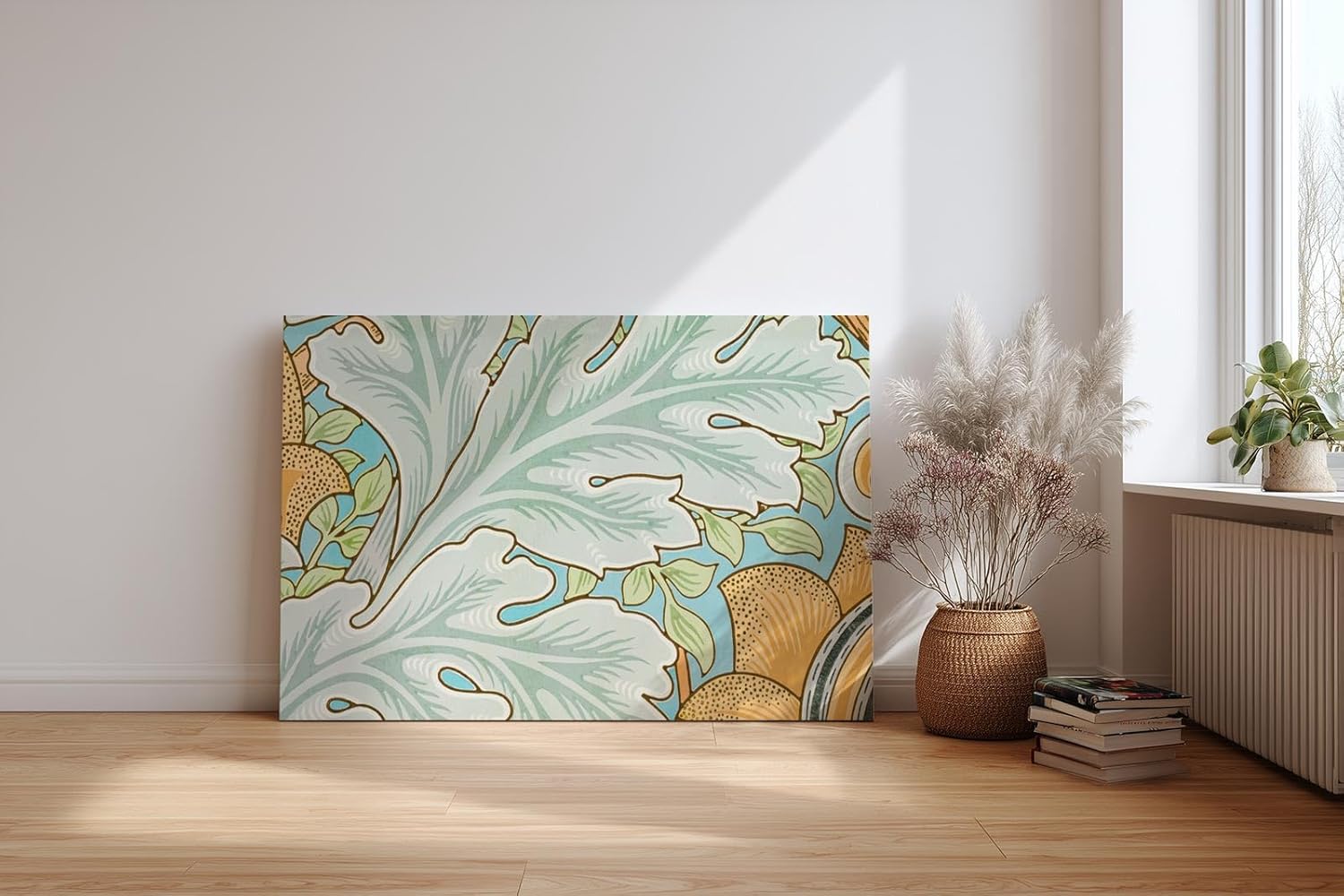 Sinus Art Wandbild 120x80cm Florale Jugendstilkomposition mit großen Blättern und gelben Blüten auf pastellblauem Grund