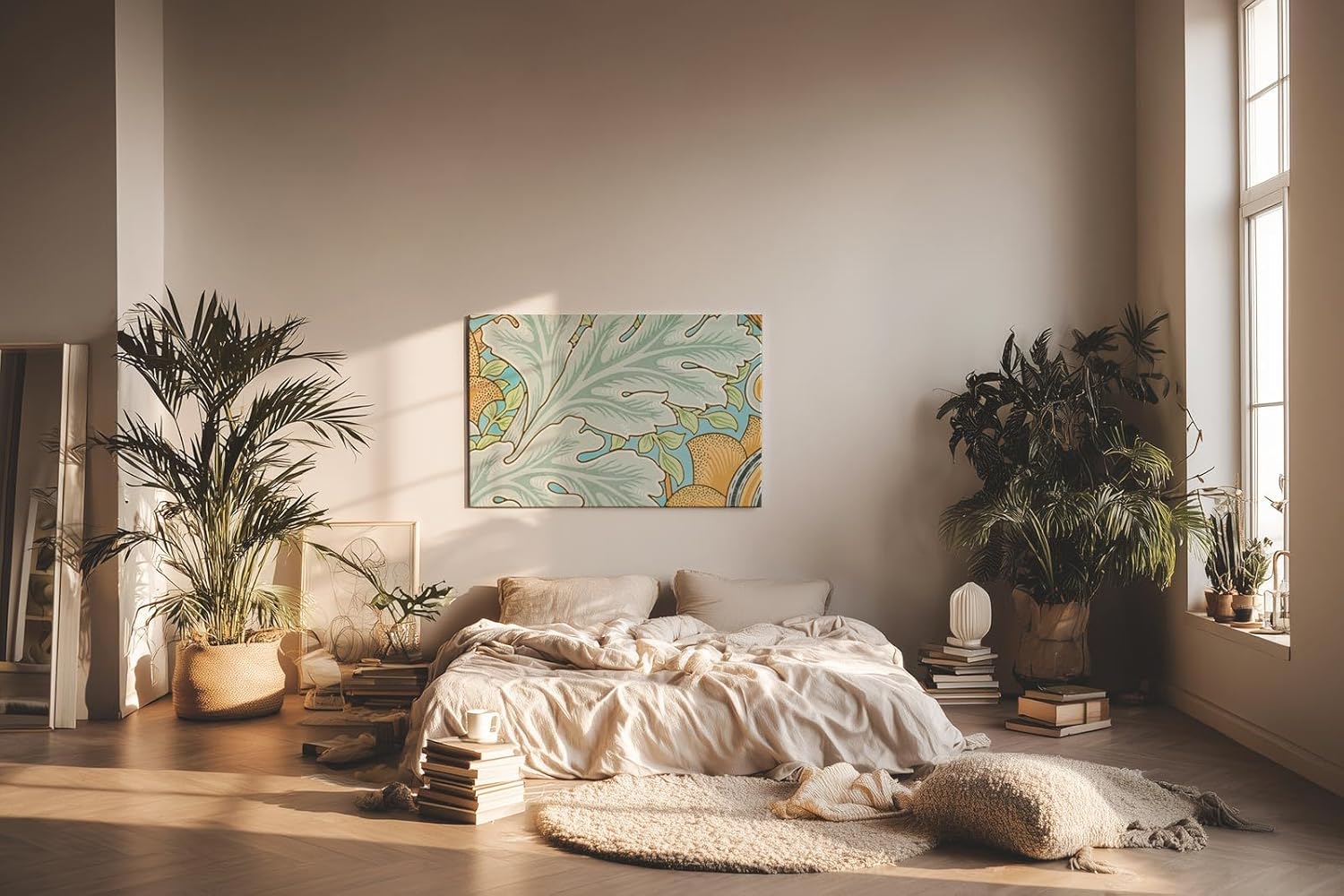 Sinus Art Wandbild 120x80cm Florale Jugendstilkomposition mit großen Blättern und gelben Blüten auf pastellblauem Grund