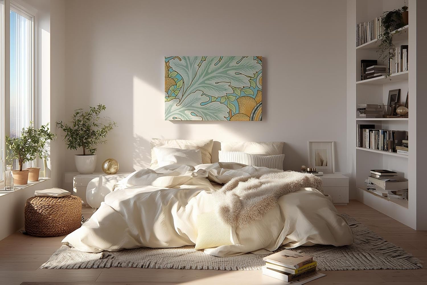 Sinus Art Wandbild 120x80cm Florale Jugendstilkomposition mit großen Blättern und gelben Blüten auf pastellblauem Grund