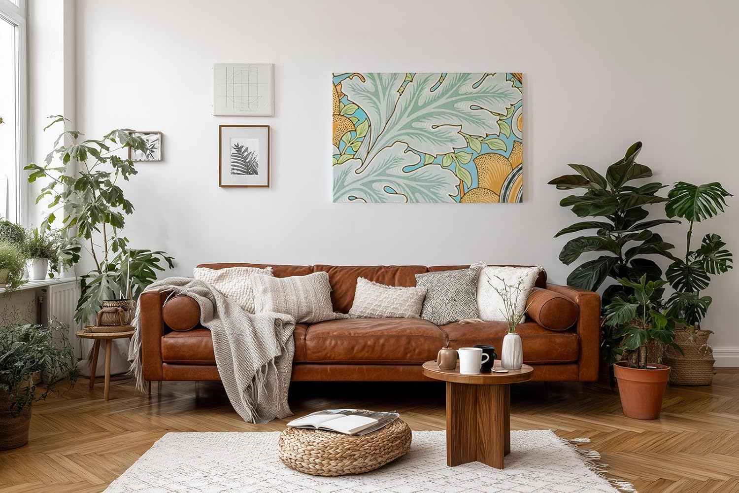 Sinus Art Wandbild 120x80cm Florale Jugendstilkomposition mit großen Blättern und gelben Blüten auf pastellblauem Grund