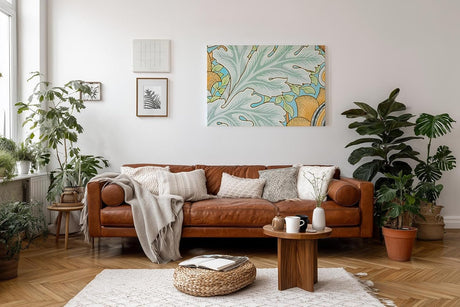 Sinus Art Wandbild 120x80cm Florale Jugendstilkomposition mit großen Blättern und gelben Blüten auf pastellblauem Grund