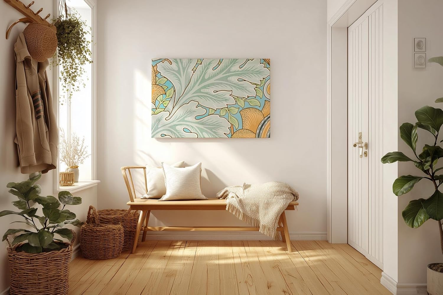 Sinus Art Wandbild 120x80cm Florale Jugendstilkomposition mit großen Blättern und gelben Blüten auf pastellblauem Grund