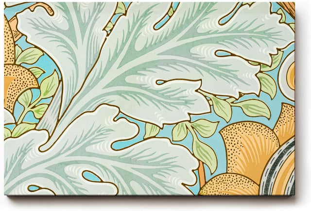 Sinus Art Wandbild 120x80cm Florale Jugendstilkomposition mit großen Blättern und gelben Blüten auf pastellblauem Grund