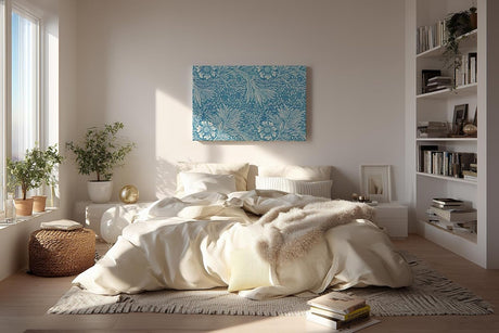 Sinus Art Wandbild 120x80cm Florales Design mit Blüten und Blättern im klassischen Vintage-Stil auf blauem Hintergrund