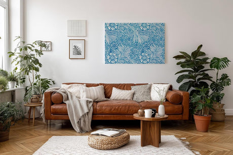 Sinus Art Wandbild 120x80cm Florales Design mit Blüten und Blättern im klassischen Vintage-Stil auf blauem Hintergrund