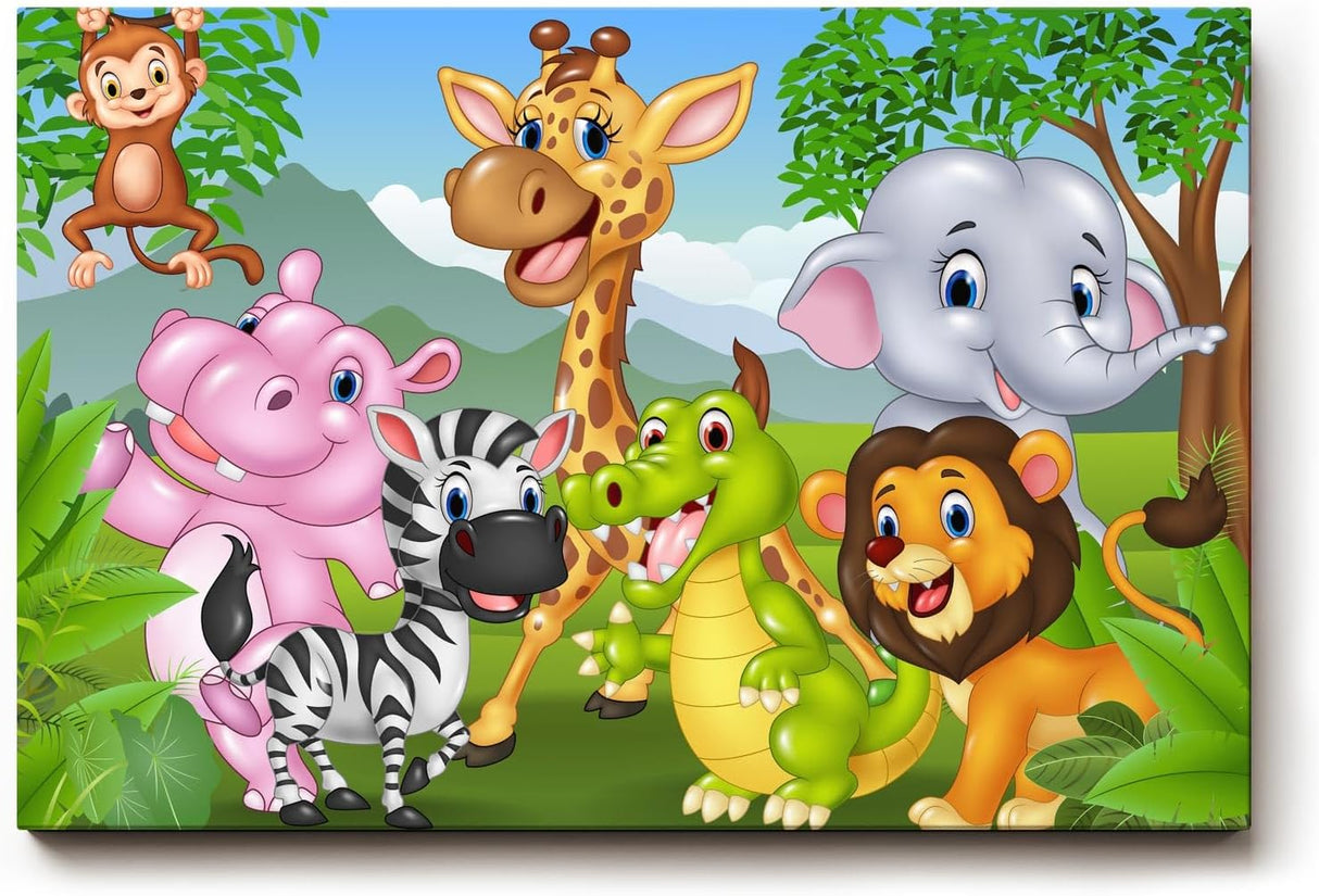 Sinus Art Wandbild 120x80cm Fröhliche Tiergruppe in cartoonhafter Darstellung – ideal für Kinderzimmer