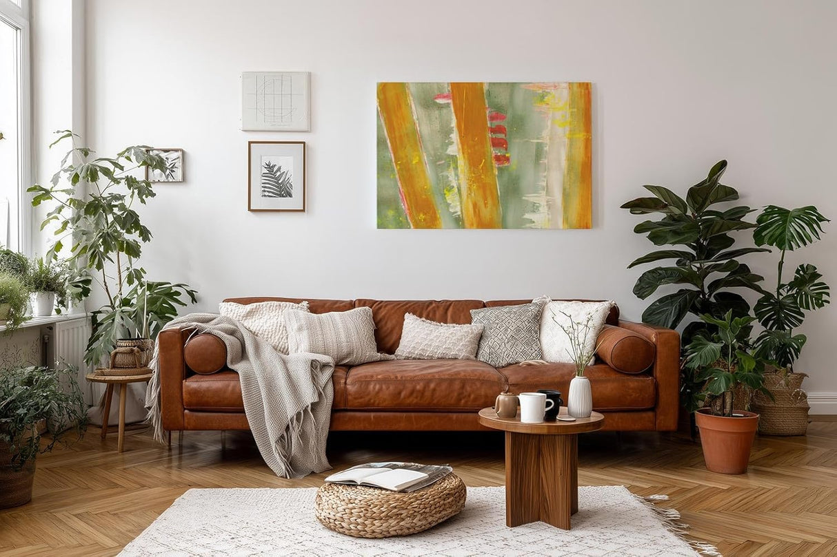 Sinus Art Wandbild 120x80cm Gelb-orange vertikale Pinselstriche auf grünlichem Grund mit leuchtenden Akzenten