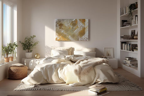 Sinus Art Wandbild 120x80cm Goldfarbene geometrische Formen und Linien auf hellem Hintergrund