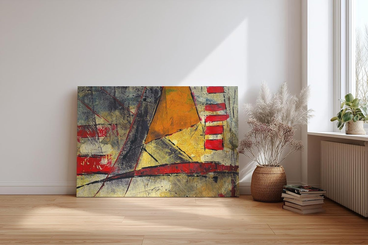 Sinus Art Wandbild 120x80cm Grafische Formen und Linien in Rot, Gelb und Schwarz auf strukturreichem Untergrund