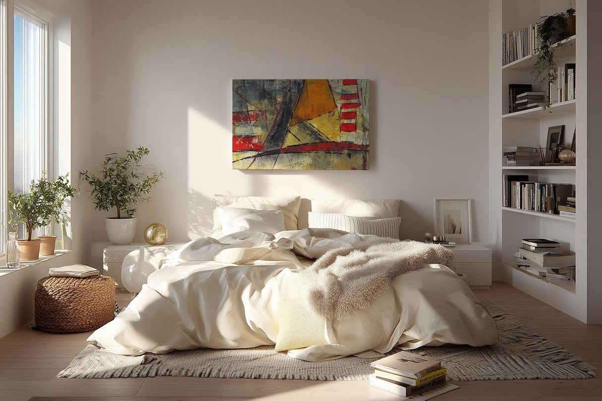 Sinus Art Wandbild 120x80cm Grafische Formen und Linien in Rot, Gelb und Schwarz auf strukturreichem Untergrund