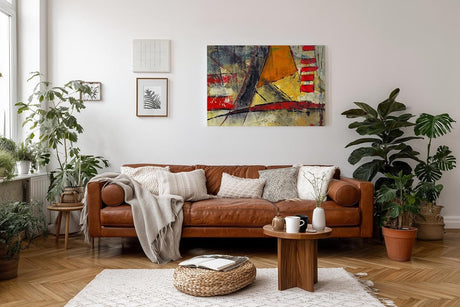 Sinus Art Wandbild 120x80cm Grafische Formen und Linien in Rot, Gelb und Schwarz auf strukturreichem Untergrund