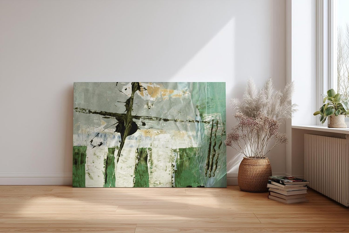 Sinus Art Wandbild 120x80cm Grüne und weiße Pinselstrukturen mit vertikalen Elementen und abstrakten Flächen