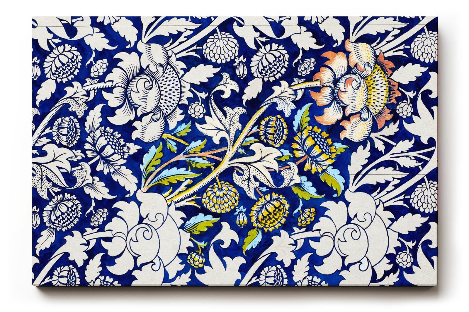 Sinus Art Wandbild 120x80cm Historisch inspiriertes Ornamentmuster mit Blüten, Ranken und klassischen Formen auf dunklem Blau