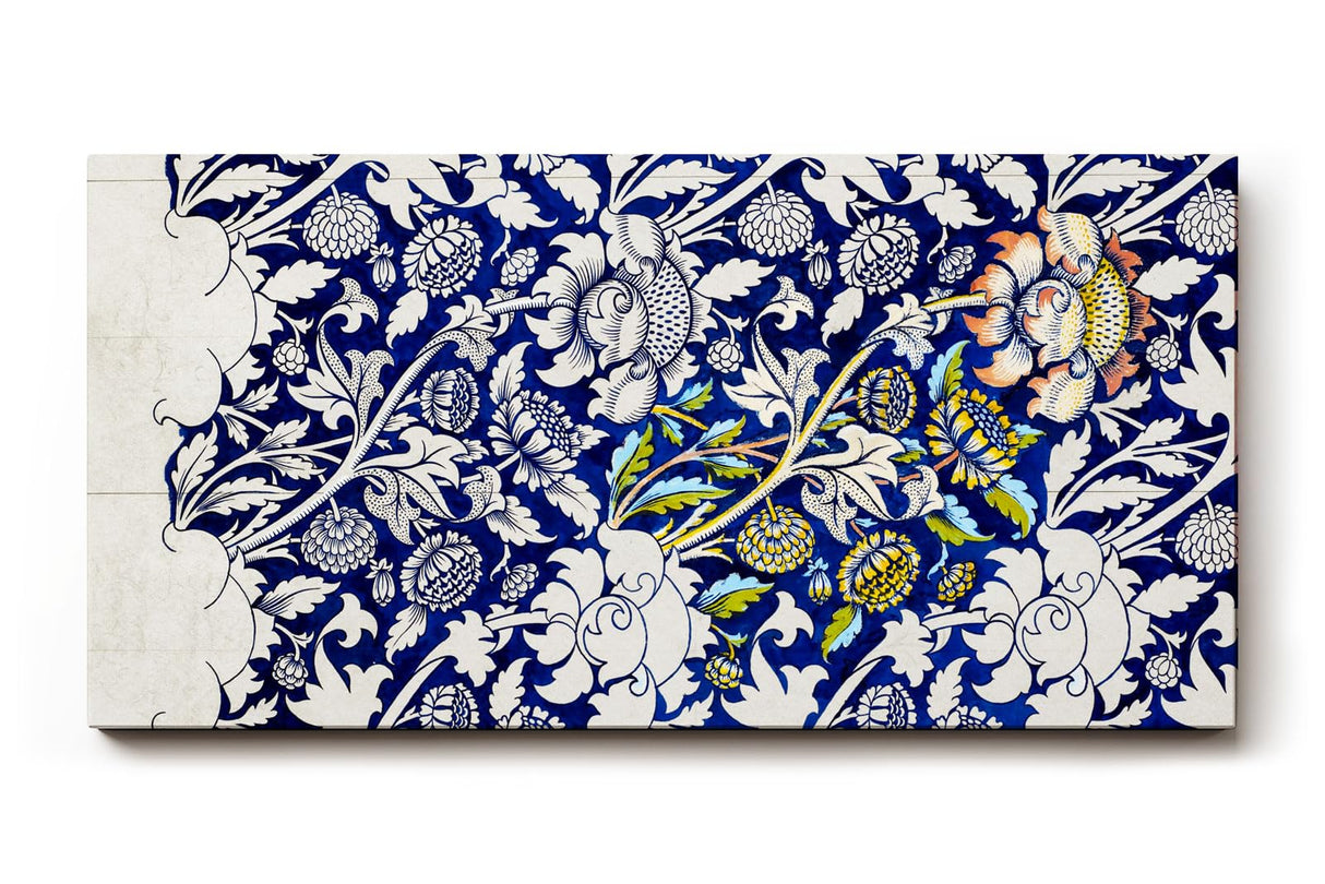 Sinus Art Wandbild 120x80cm Historisch inspiriertes Ornamentmuster mit Blüten, Ranken und klassischen Formen auf dunklem Blau
