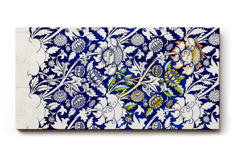 Sinus Art Wandbild 120x80cm Historisch inspiriertes Ornamentmuster mit Blüten, Ranken und klassischen Formen auf dunklem Blau