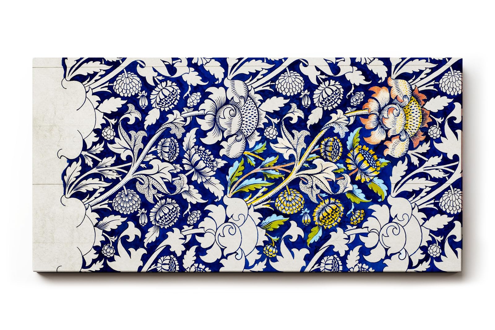 Sinus Art Wandbild 120x80cm Historisch inspiriertes Ornamentmuster mit Blüten, Ranken und klassischen Formen auf dunklem Blau