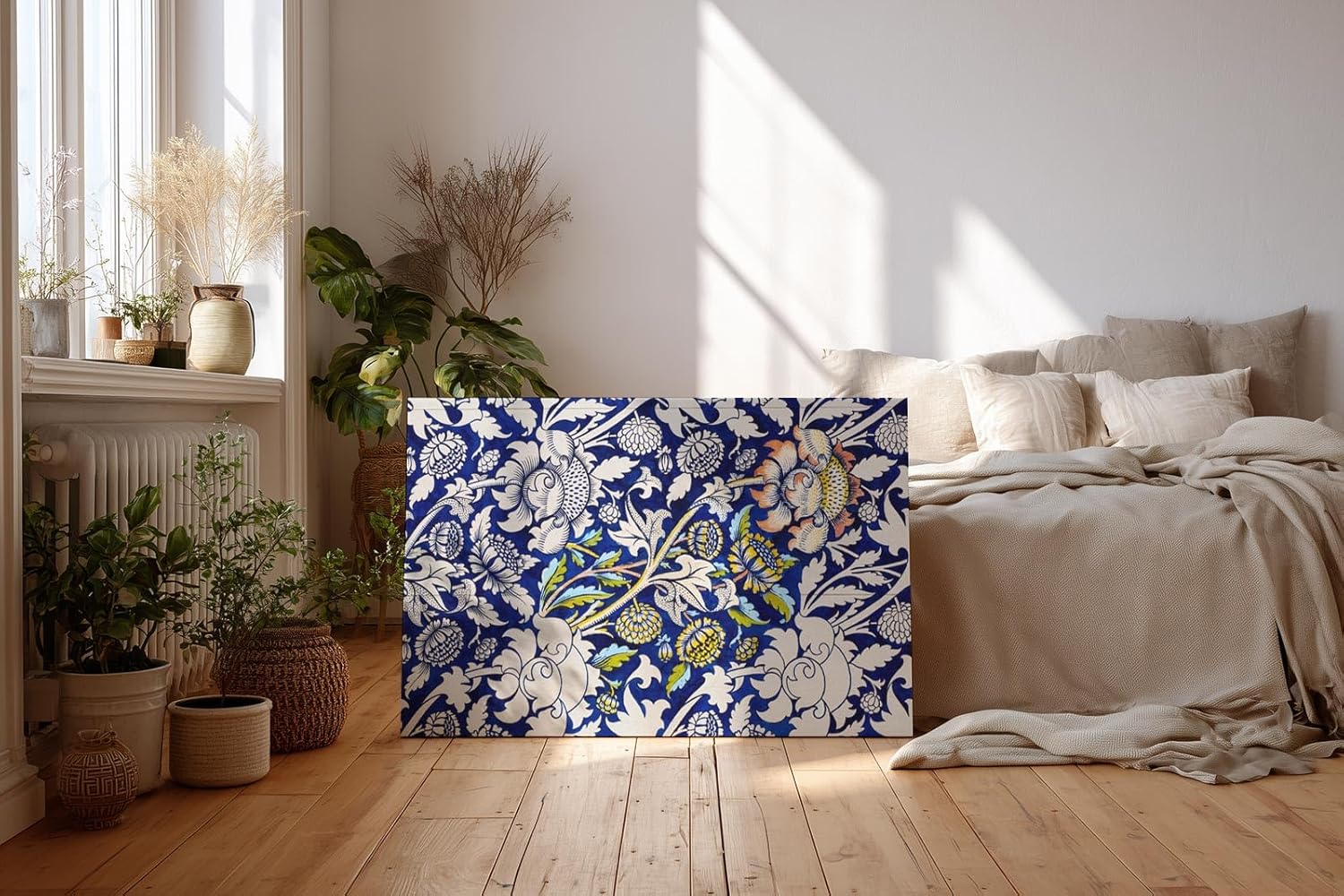 Sinus Art Wandbild 120x80cm Historisch inspiriertes Ornamentmuster mit Blüten, Ranken und klassischen Formen auf dunklem Blau