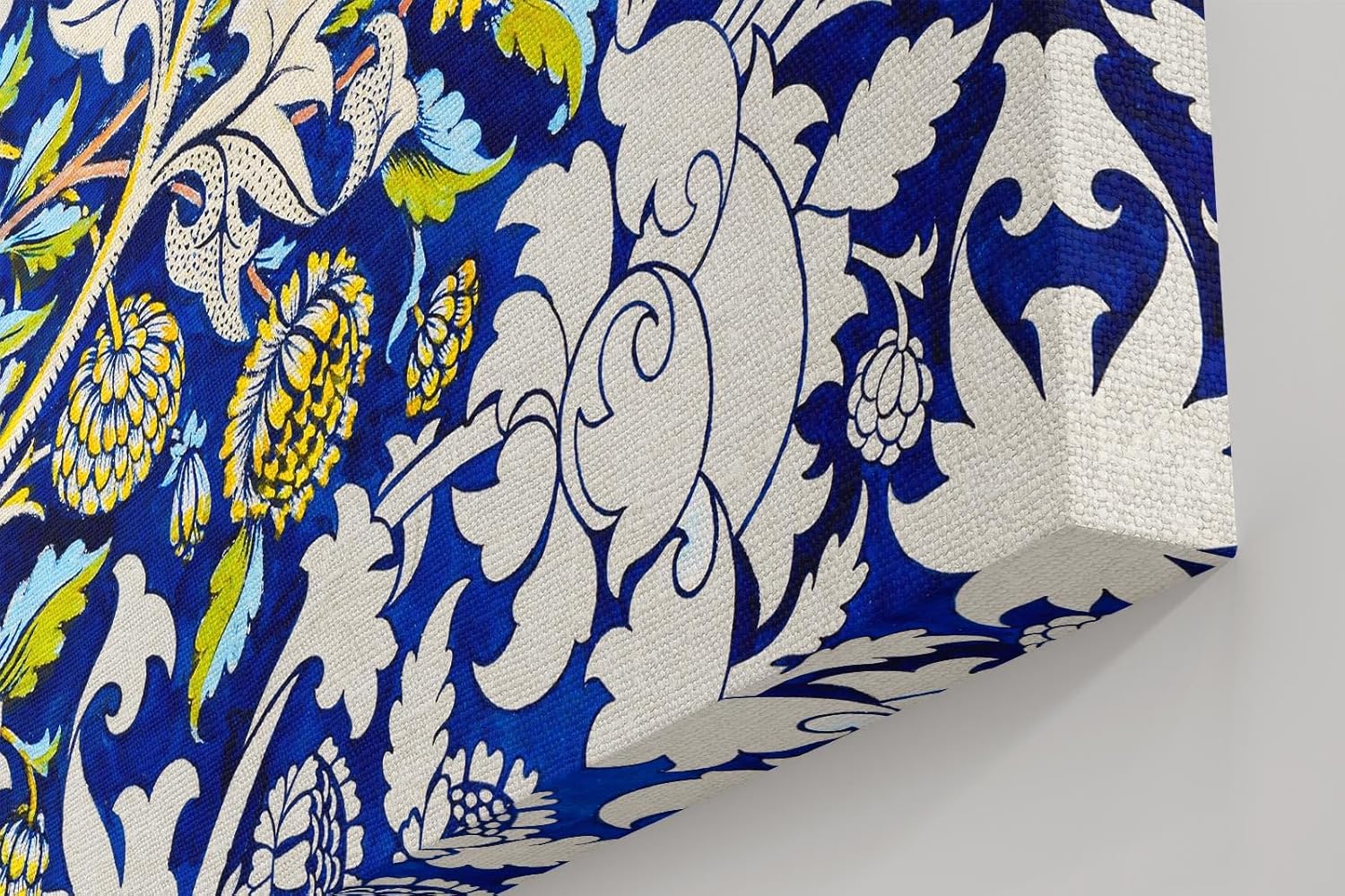 Sinus Art Wandbild 120x80cm Historisch inspiriertes Ornamentmuster mit Blüten, Ranken und klassischen Formen auf dunklem Blau