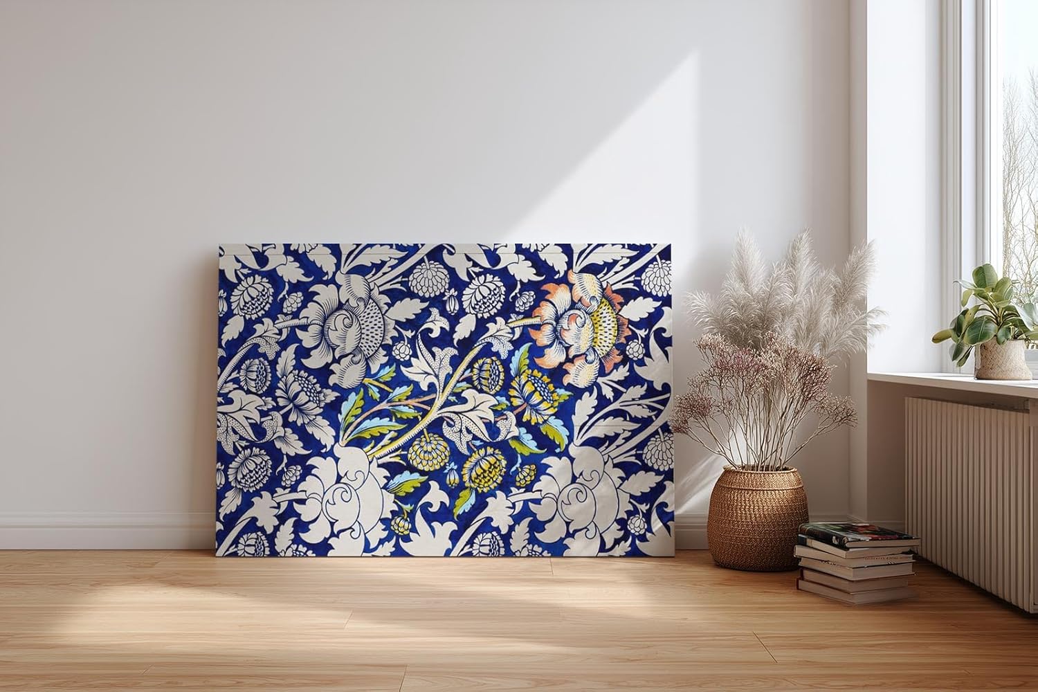 Sinus Art Wandbild 120x80cm Historisch inspiriertes Ornamentmuster mit Blüten, Ranken und klassischen Formen auf dunklem Blau