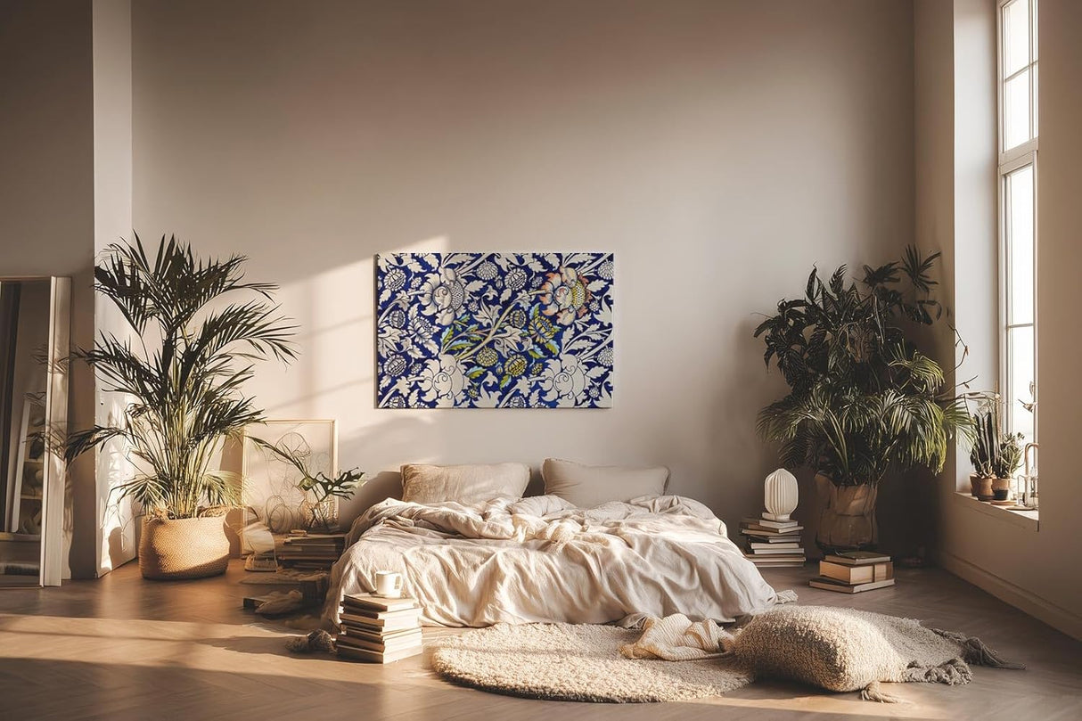 Sinus Art Wandbild 120x80cm Historisch inspiriertes Ornamentmuster mit Blüten, Ranken und klassischen Formen auf dunklem Blau
