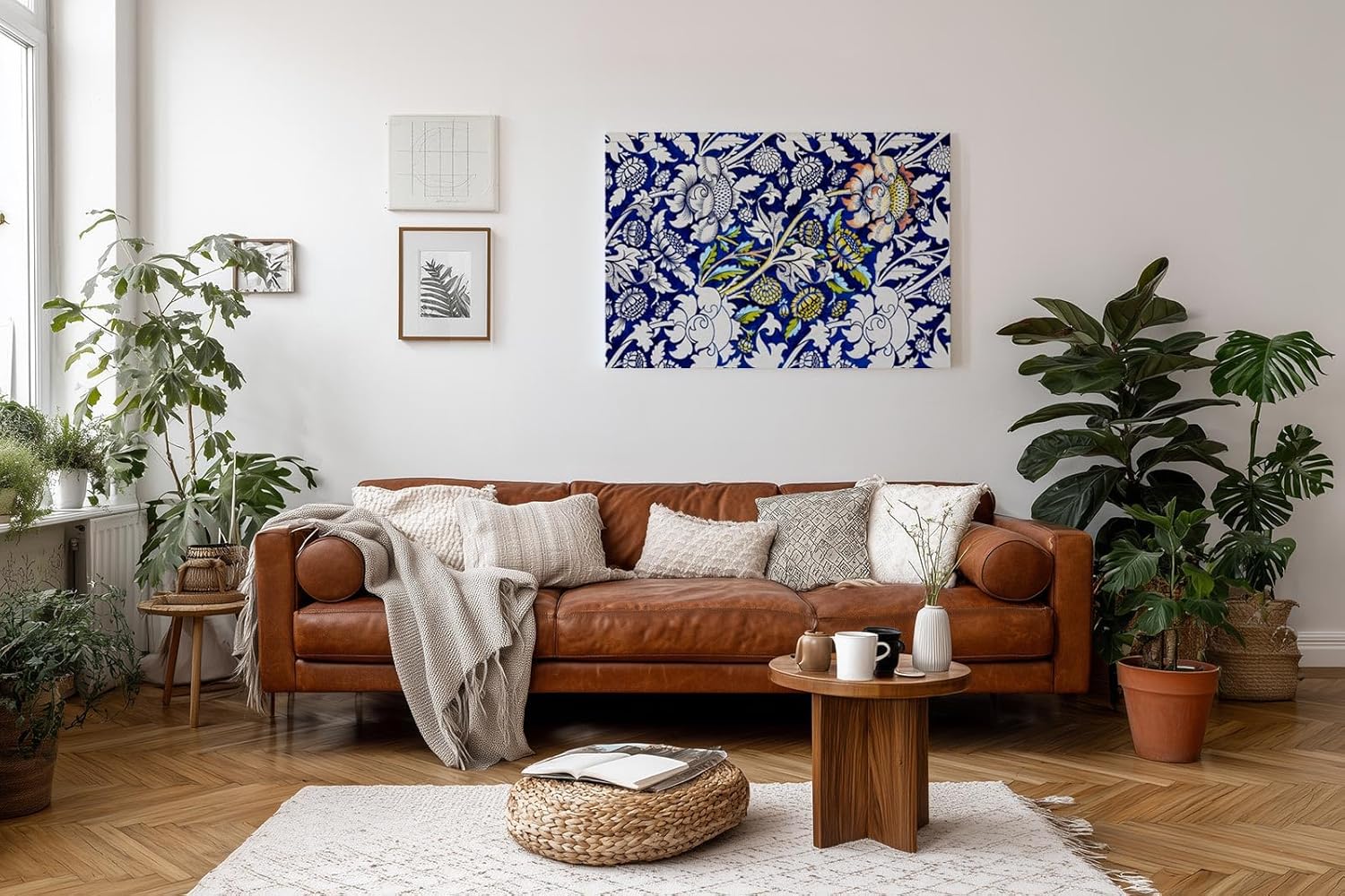 Sinus Art Wandbild 120x80cm Historisch inspiriertes Ornamentmuster mit Blüten, Ranken und klassischen Formen auf dunklem Blau