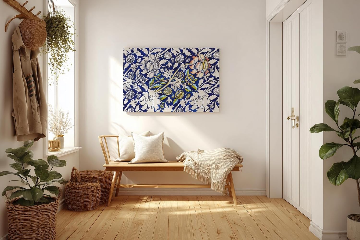 Sinus Art Wandbild 120x80cm Historisch inspiriertes Ornamentmuster mit Blüten, Ranken und klassischen Formen auf dunklem Blau