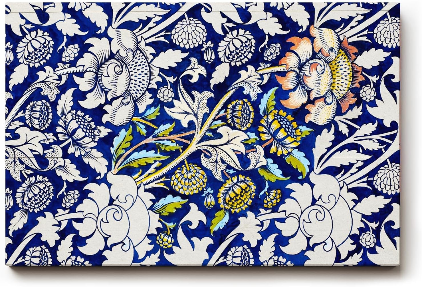 Sinus Art Wandbild 120x80cm Historisch inspiriertes Ornamentmuster mit Blüten, Ranken und klassischen Formen auf dunklem Blau