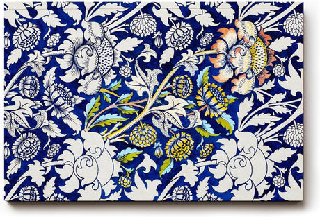 Sinus Art Wandbild 120x80cm Historisch inspiriertes Ornamentmuster mit Blüten, Ranken und klassischen Formen auf dunklem Blau