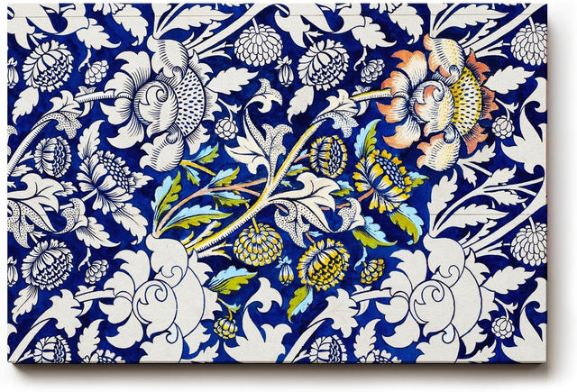 Sinus Art Wandbild 120x80cm Historisch inspiriertes Ornamentmuster mit Blüten, Ranken und klassischen Formen auf dunklem Blau