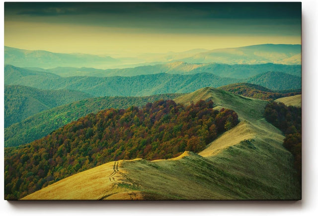 Sinus Art Wandbild 120x80cm Hügeliges Landschaftsmotiv mit natürlicher Lichtstimmung für beruhigende Raumwirkung
