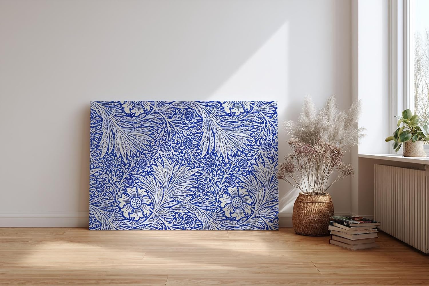 Sinus Art Wandbild 120x80cm Klassisches Blütendekor mit feinen Linien und dichter Musterung auf tiefblauem Grund