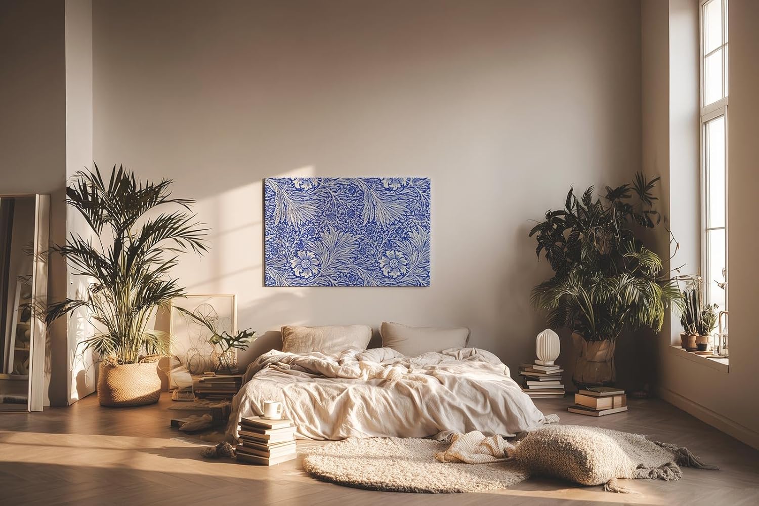 Sinus Art Wandbild 120x80cm Klassisches Blütendekor mit feinen Linien und dichter Musterung auf tiefblauem Grund