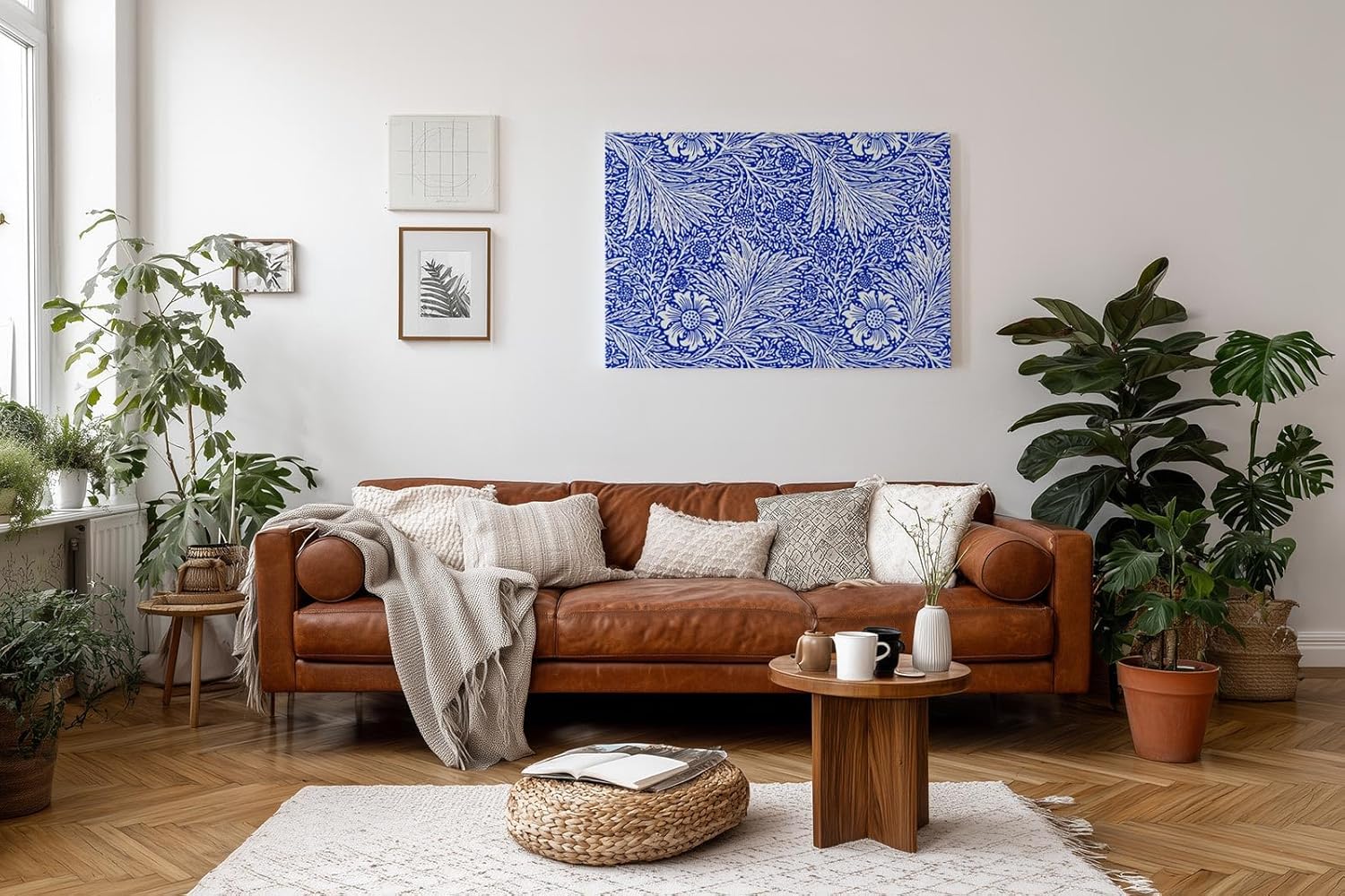 Sinus Art Wandbild 120x80cm Klassisches Blütendekor mit feinen Linien und dichter Musterung auf tiefblauem Grund