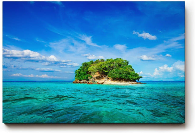 Sinus Art Wandbild 120x80cm Kleine tropische Insel mit Palmen und weißem Strand im türkisfarbenen Wasser