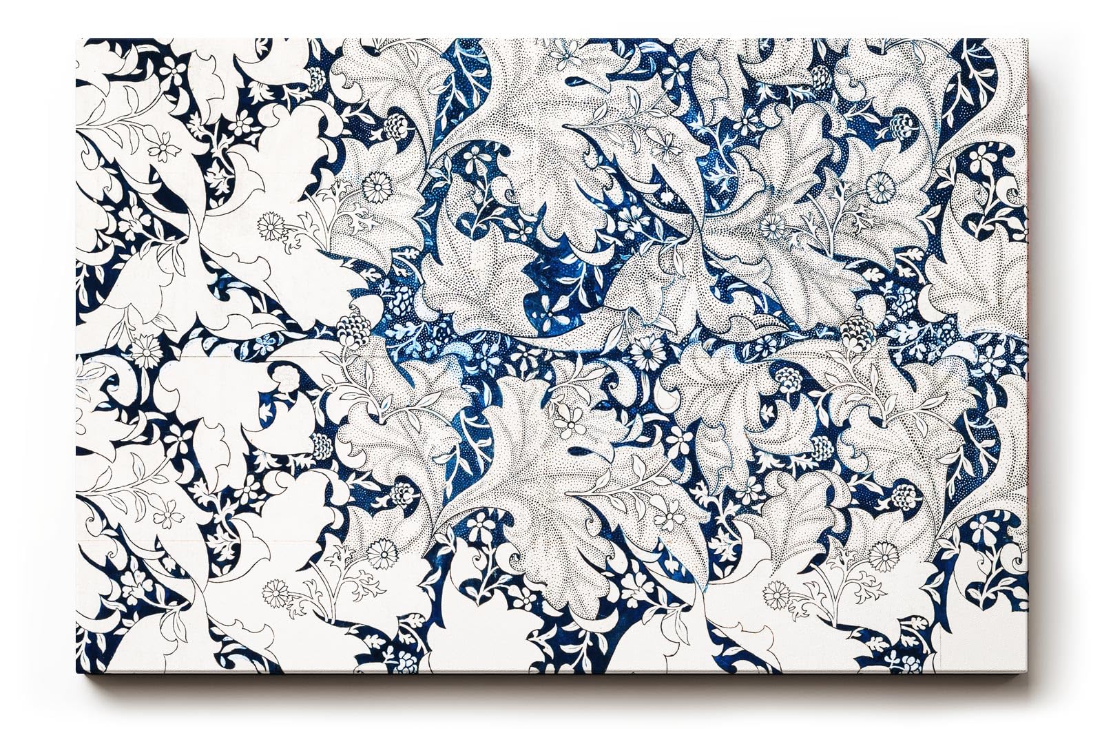 Sinus Art Wandbild 120x80cm Komplexes Blatt- und Rankenmuster in Blau-Weiß mit klarer Linienführung und Tiefe