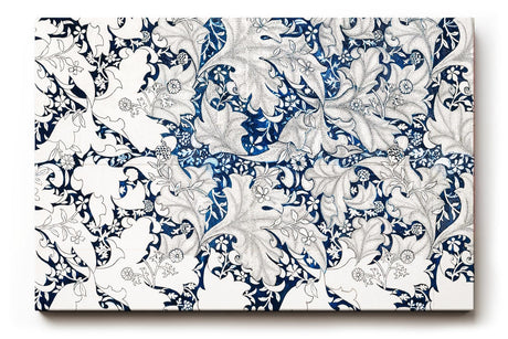 Sinus Art Wandbild 120x80cm Komplexes Blatt- und Rankenmuster in Blau-Weiß mit klarer Linienführung und Tiefe