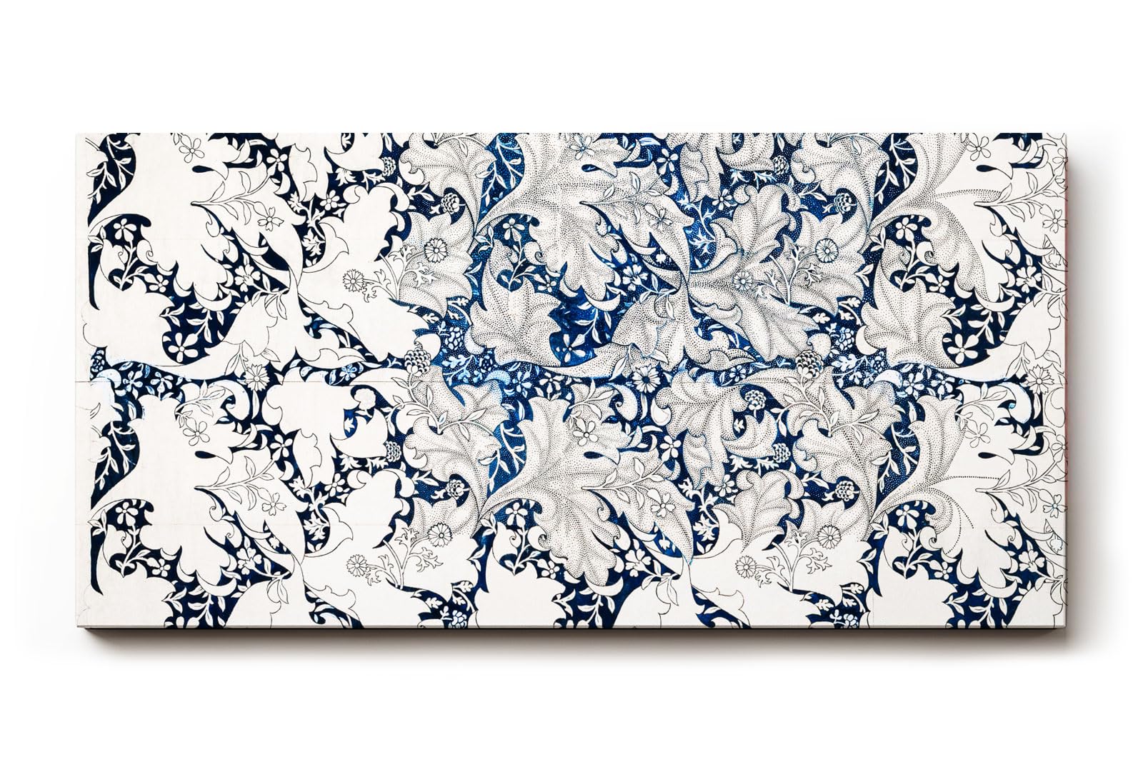 Sinus Art Wandbild 120x80cm Komplexes Blatt- und Rankenmuster in Blau-Weiß mit klarer Linienführung und Tiefe