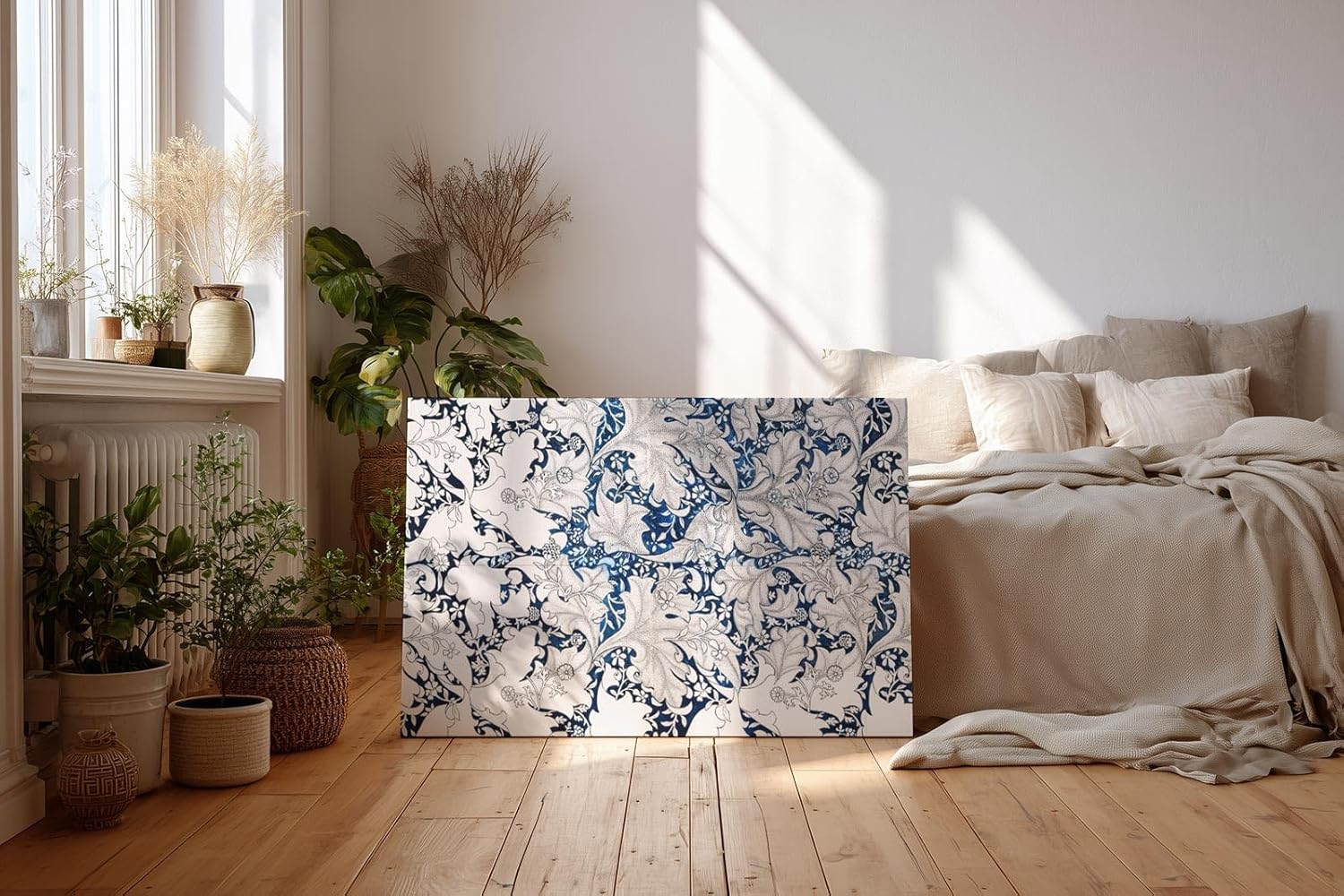 Sinus Art Wandbild 120x80cm Komplexes Blatt- und Rankenmuster in Blau-Weiß mit klarer Linienführung und Tiefe