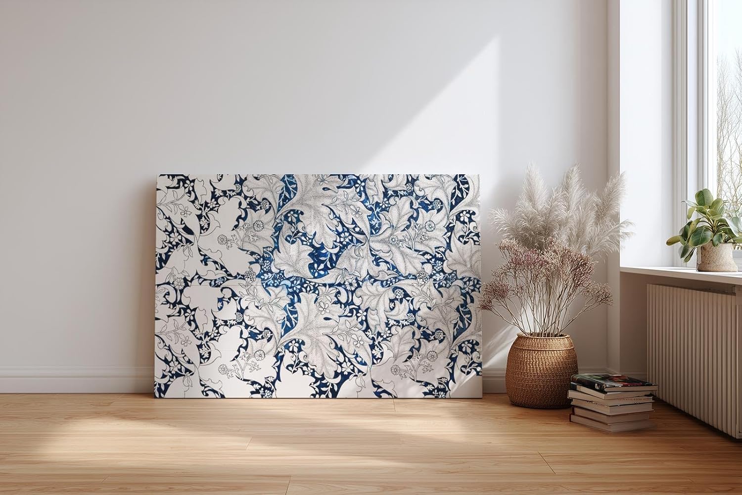 Sinus Art Wandbild 120x80cm Komplexes Blatt- und Rankenmuster in Blau-Weiß mit klarer Linienführung und Tiefe