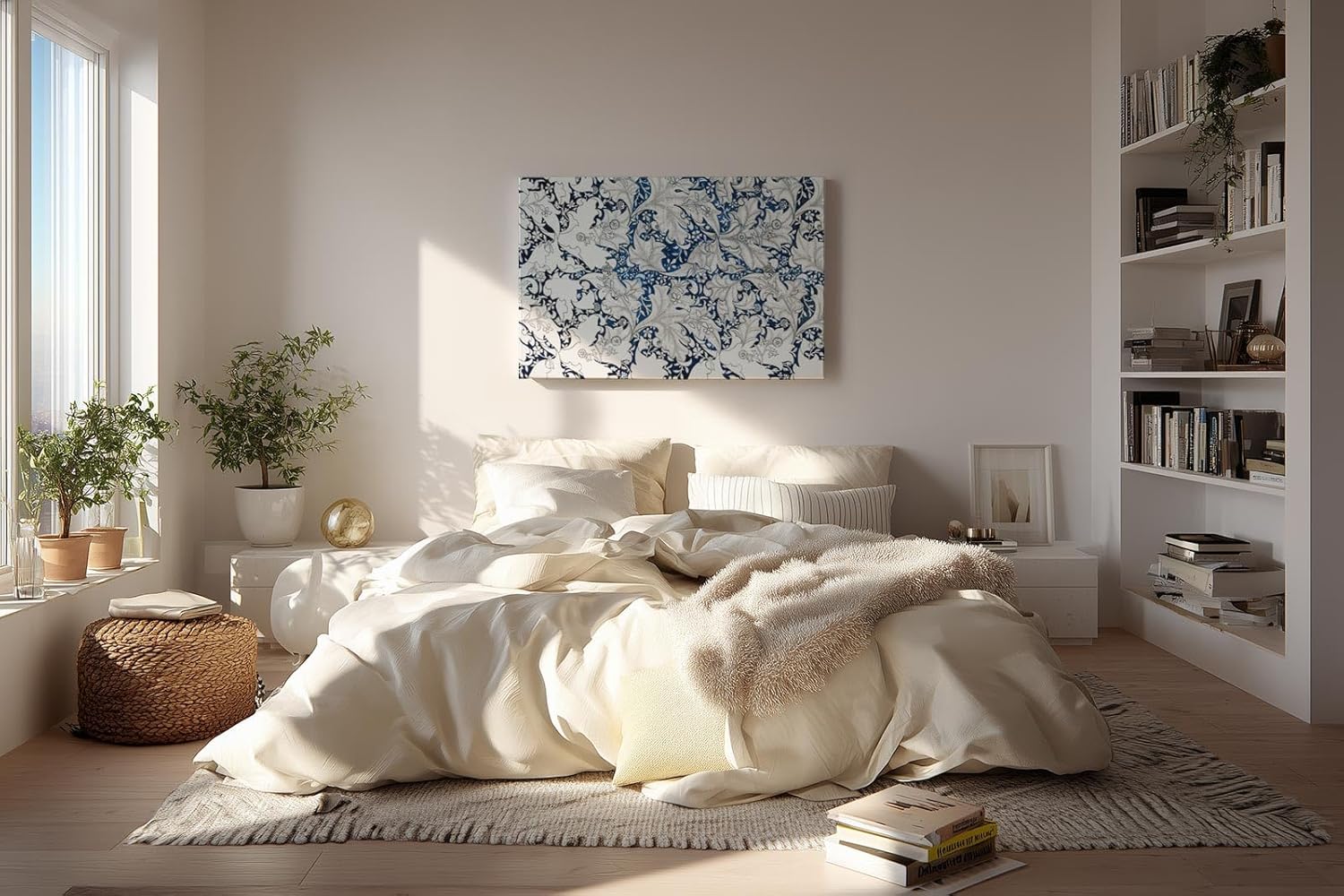 Sinus Art Wandbild 120x80cm Komplexes Blatt- und Rankenmuster in Blau-Weiß mit klarer Linienführung und Tiefe