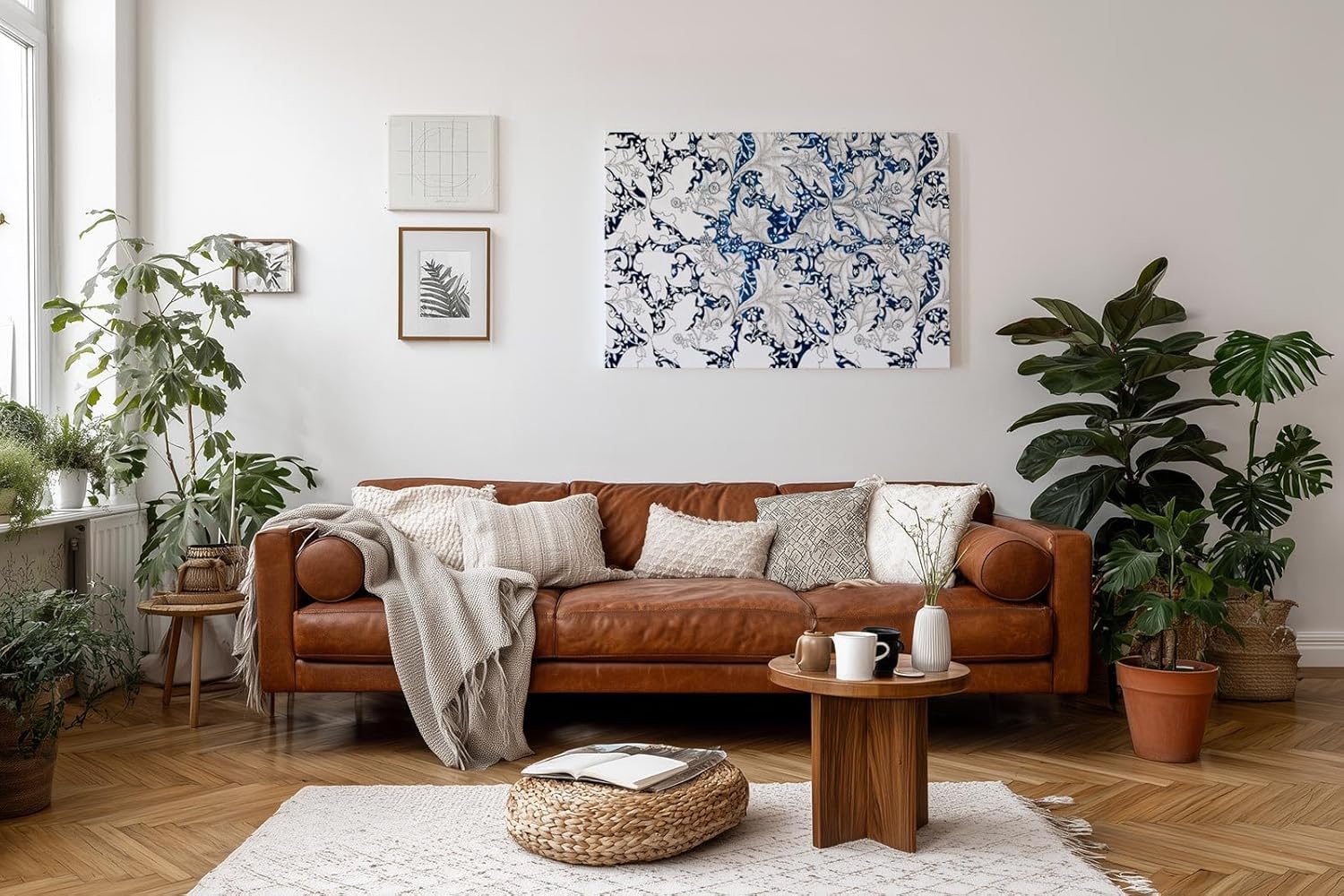 Sinus Art Wandbild 120x80cm Komplexes Blatt- und Rankenmuster in Blau-Weiß mit klarer Linienführung und Tiefe