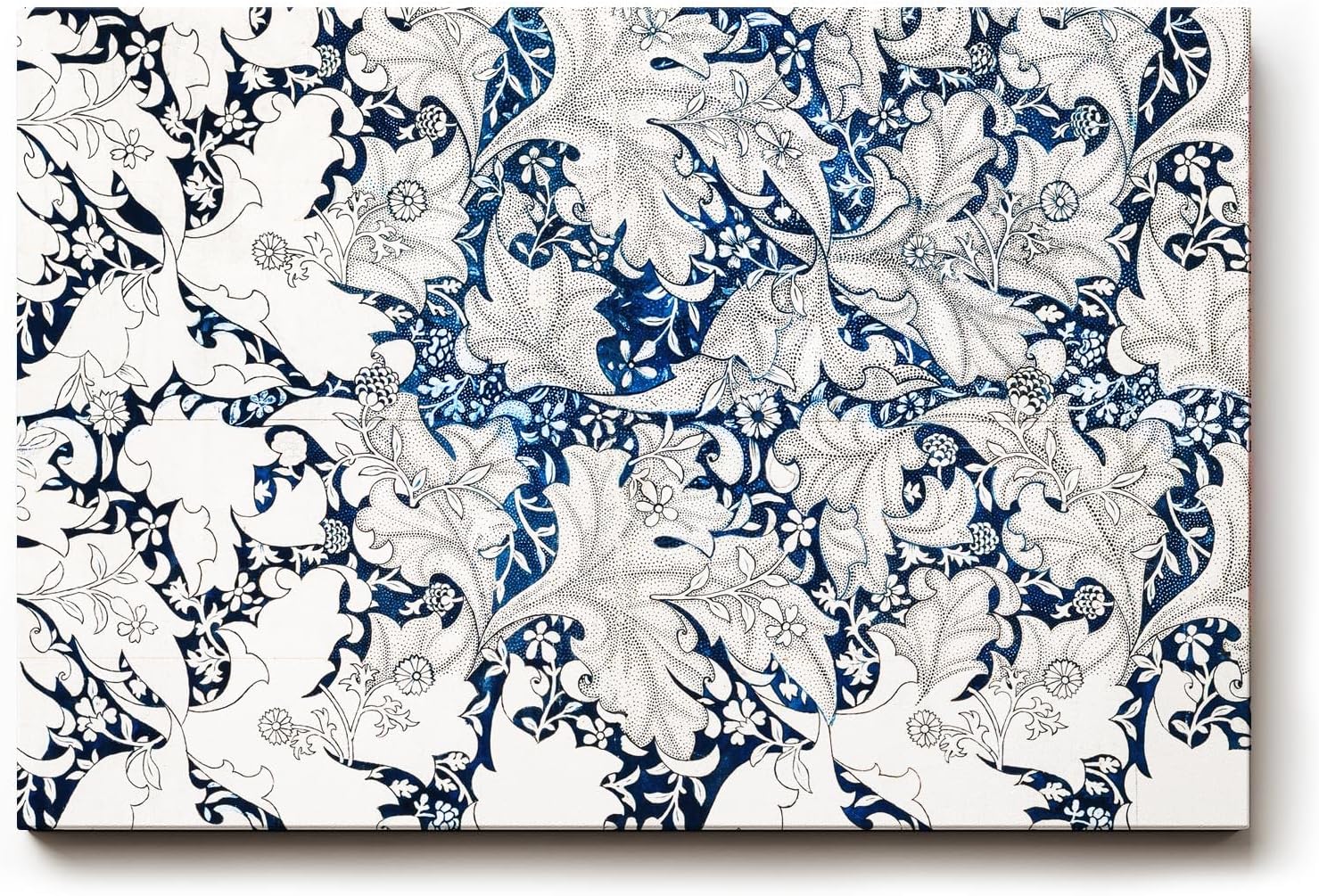 Sinus Art Wandbild 120x80cm Komplexes Blatt- und Rankenmuster in Blau-Weiß mit klarer Linienführung und Tiefe