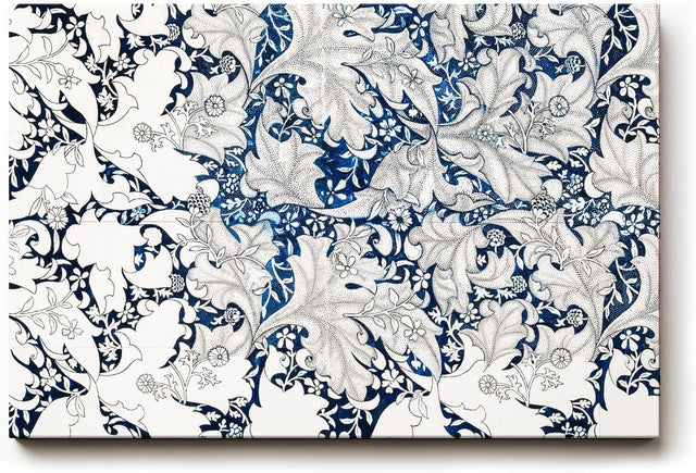Sinus Art Wandbild 120x80cm Komplexes Blatt- und Rankenmuster in Blau-Weiß mit klarer Linienführung und Tiefe
